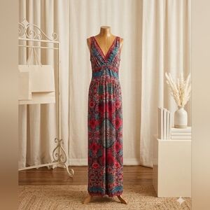 Angie Boho Maxi Dress Red & Turquoise | Adjustable Straps | Size XS